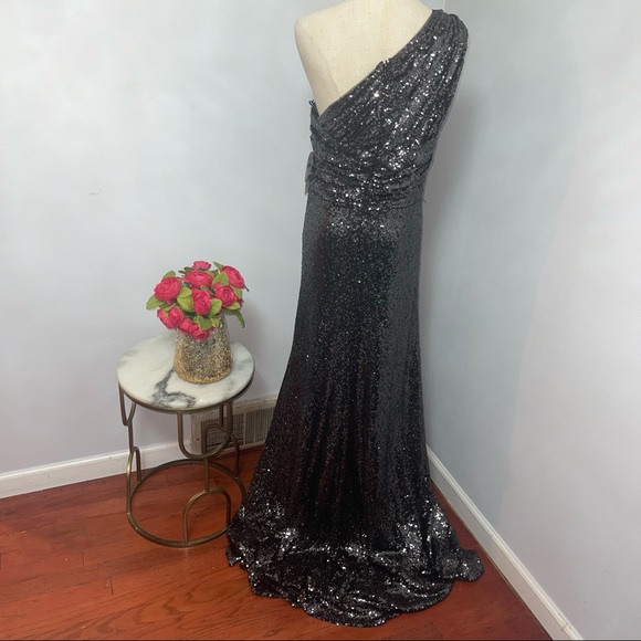 # Rene Ruiz Collection Gunmetal Color One Shoulder Sequined Gown With High Slit - Picture 12 of 16